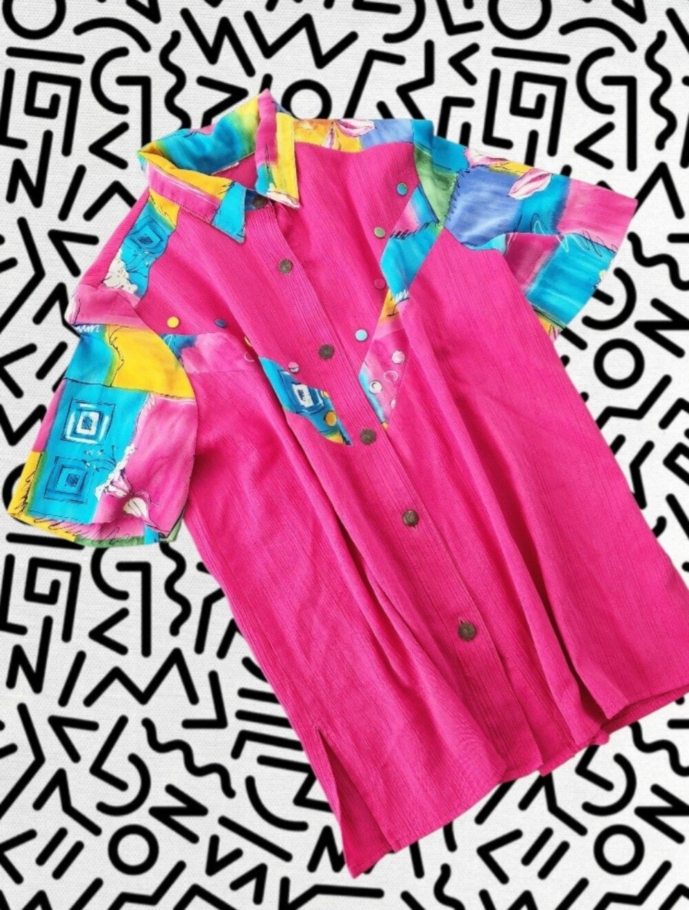 Vibrant Pink Colorblock Shirt with Tropical Print